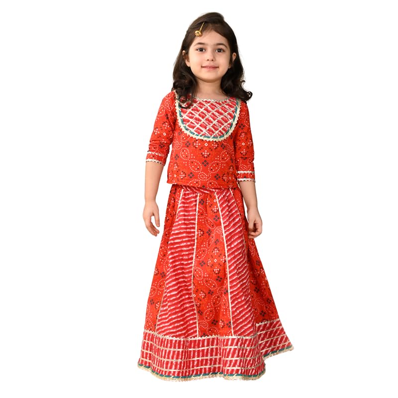 superminis Girls Cotton Sliver Yoke 3/4 Sleeves Ethnic Printed Choli With Kali Style Lehenga Set (6-12 Months, Red) | Finish Type: Readymade - Image 1