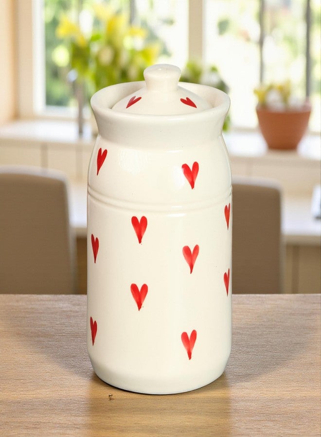 ClayStone Ceramic Storage Jar - 1 x 1000ml Handmade Martban Container with Heart Print for Achaar, Pickles, Chutneys & Salt (Red heart) - Image 1