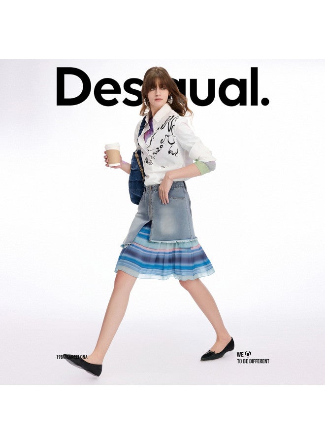 DESIGUAL spring-summer 2025 New Washed Print Chiffon Patchwork Denim Skirt - Image 2