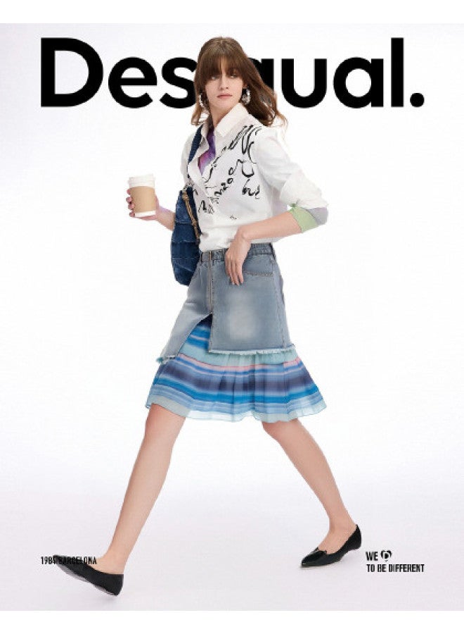 DESIGUAL spring-summer 2025 New Washed Print Chiffon Patchwork Denim Skirt - Image 1