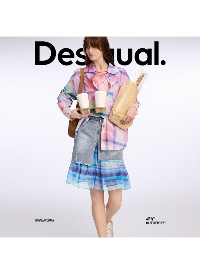 DESIGUAL spring-summer 2025 New Washed Print Chiffon Patchwork Denim Skirt - Image 4