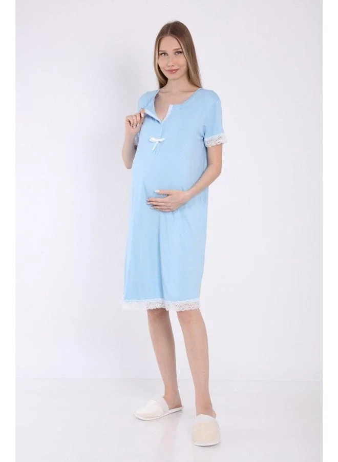 LuvmaBelly Myra9591 Front Snap Lace Maternity Nightgown - Blue.