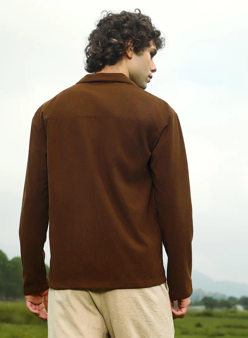 Campus Sutra Men's Chocolate Brown Ribbed Oversized Shirt