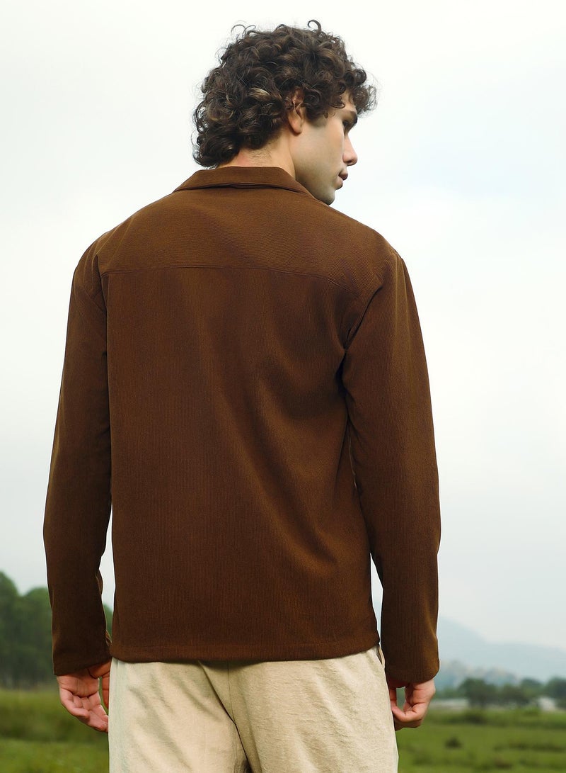 Campus Sutra Men's Chocolate Brown Ribbed Oversized Shirt  - Image 5