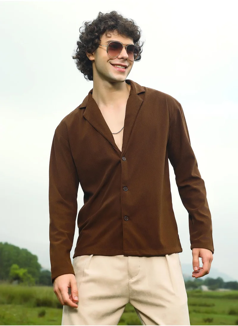 كامبوس سوترا Men's Chocolate Brown Ribbed Oversized Shirt