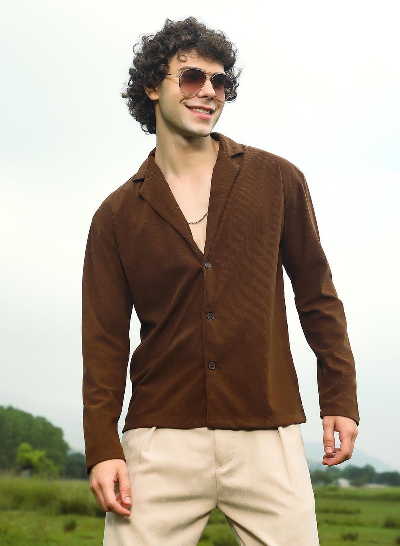 Campus Sutra Men's Chocolate Brown Ribbed Oversized Shirt  - Image 1