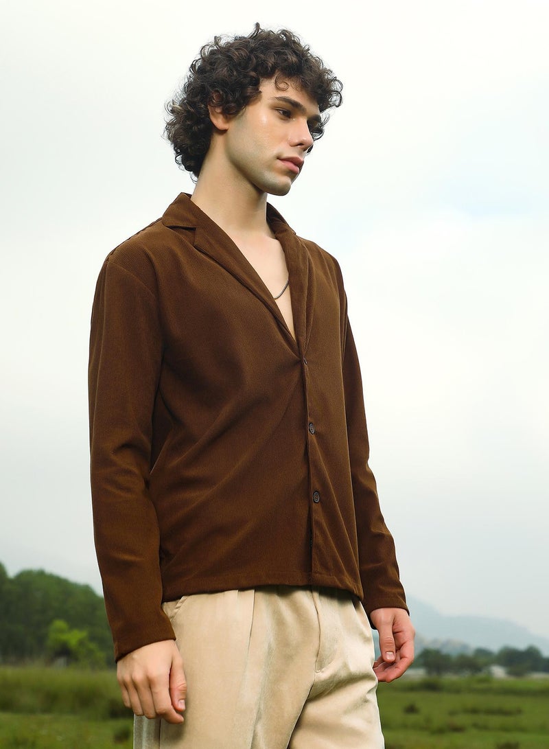 Campus Sutra Men's Chocolate Brown Ribbed Oversized Shirt  - Image 3
