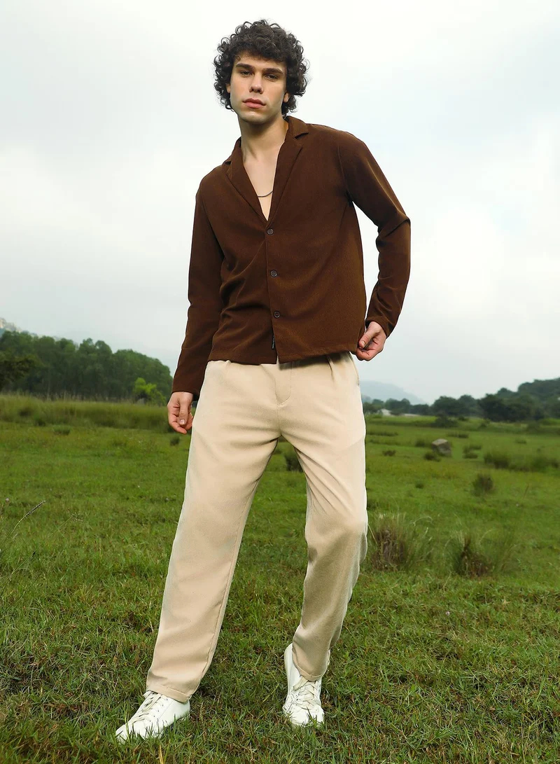 Campus Sutra Men's Chocolate Brown Ribbed Oversized Shirt