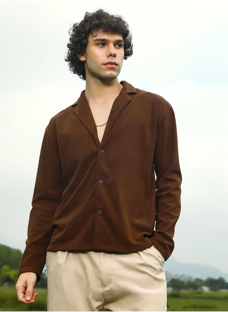 كامبوس سوترا Men's Chocolate Brown Ribbed Oversized Shirt