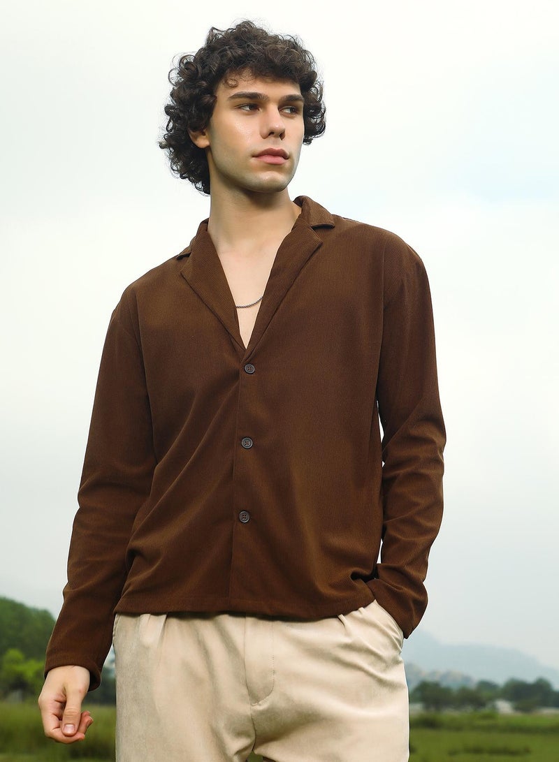 Campus Sutra Men's Chocolate Brown Ribbed Oversized Shirt  - Image 2