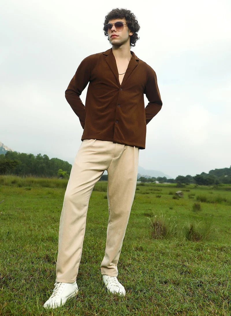 Campus Sutra Men's Chocolate Brown Ribbed Oversized Shirt