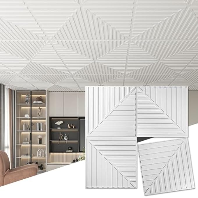 12-PACK DROP CEILING TILES 2X2 FT, PVC 3D TEXTURED PANELS FOR INTERIOR WALL DECOR LIVING ROOM BEDROOM OFFICE, 24X24 INCH, WHITE - Image 1