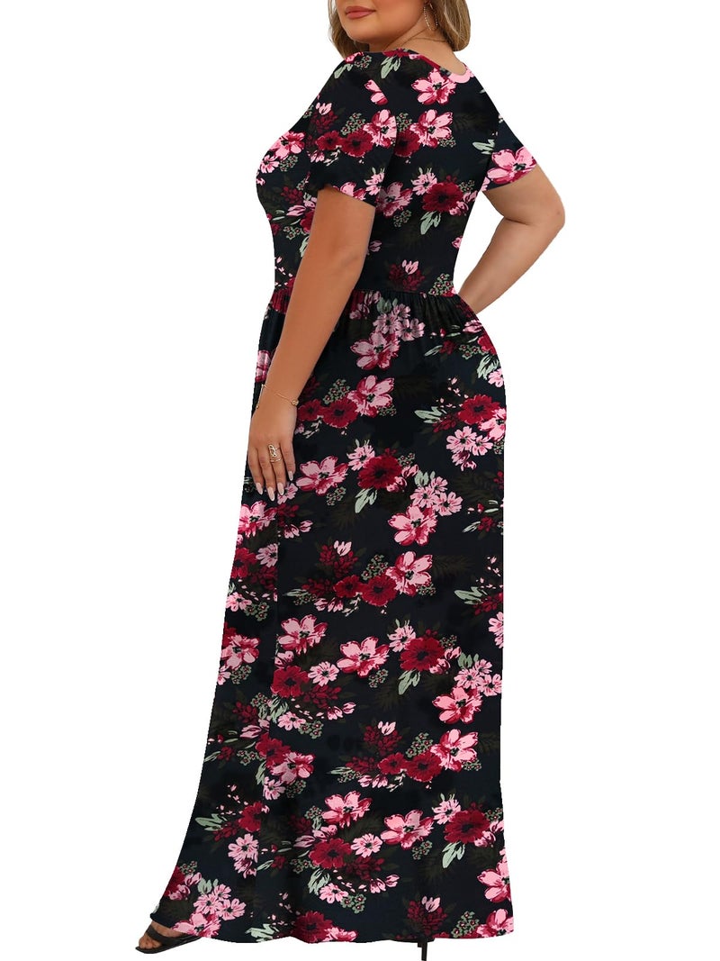 Tencede Womens Plus Size Maxi Dresses Summer 2026 Casual Short Sleeve with Pockets Long Dress Black Flower 3X - Image 4