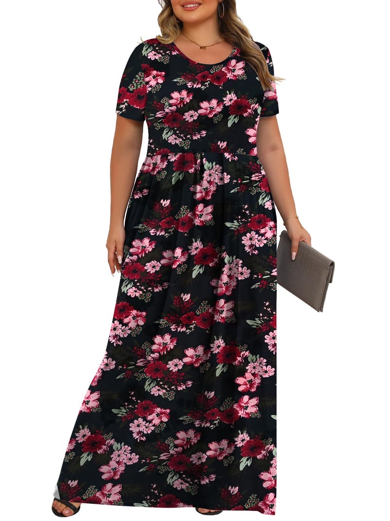 Tencede Womens Plus Size Maxi Dresses Summer 2026 Casual Short Sleeve with Pockets Long Dress Black Flower 3X - Image 3