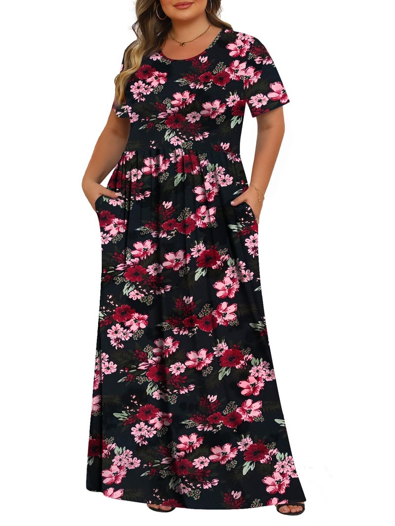 Tencede Womens Plus Size Maxi Dresses Summer 2026 Casual Short Sleeve with Pockets Long Dress Black Flower 3X - Image 1