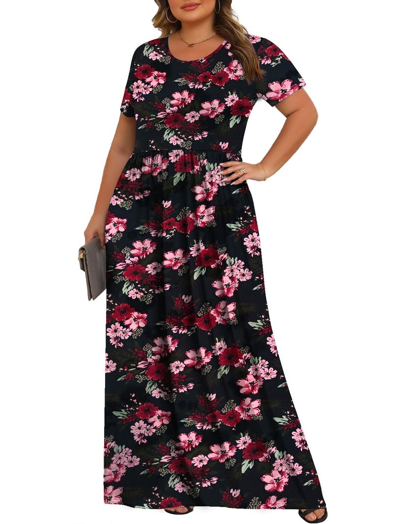 Tencede Womens Plus Size Maxi Dresses Summer 2026 Casual Short Sleeve with Pockets Long Dress Black Flower 3X - Image 2