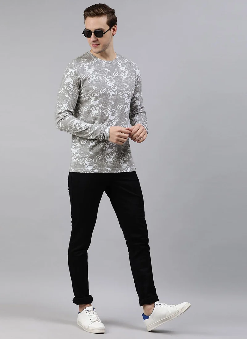 Urbano Fashion  Urbano Fashion Men's White Grey Printed Full Sleeve Slim Fit Cotton T-Shirt for Men | Best Price UAE