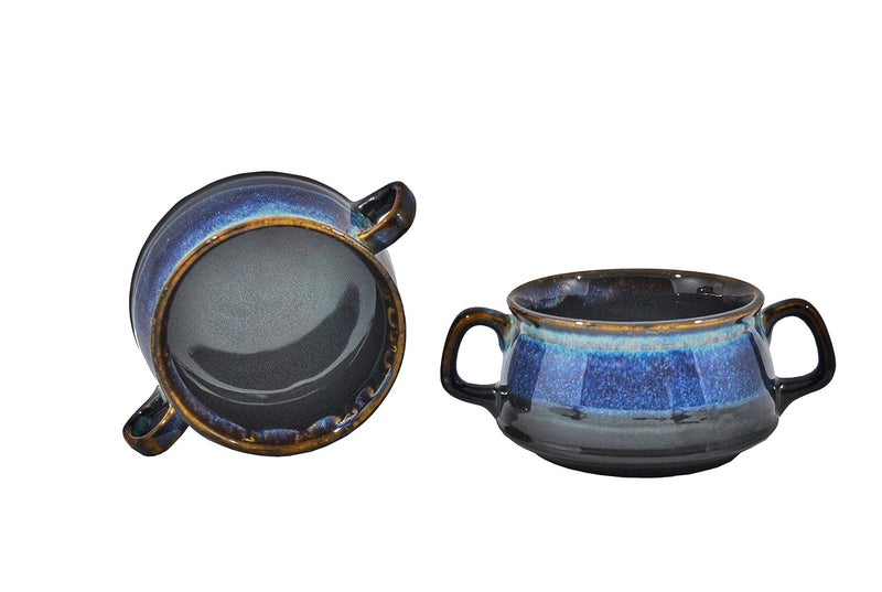 Caffeine Ceramic Handmade Black Blue Double Handled Soup Bowl Set of 2 - Image 1