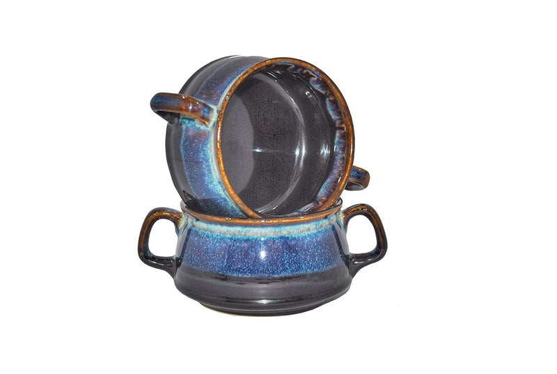 Caffeine Ceramic Handmade Black Blue Double Handled Soup Bowl Set of 2 - Image 2