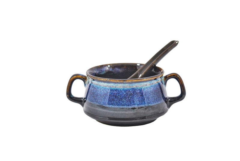 Caffeine Ceramic Handmade Black Blue Double Handled Soup Bowl Set of 2 - Image 3
