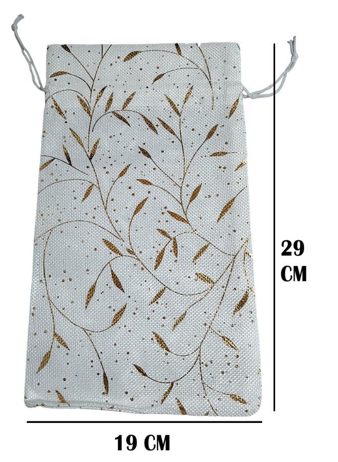 Just Flowers 11Inch X 8Inch Jute Potli Bags Large Size, Jute Bags for Shagun Gifts, Return Gifts, Dry Fruits, Wedding Women Gift Packing (White With Gold Print Pouches, Pack of 10) - Image 2