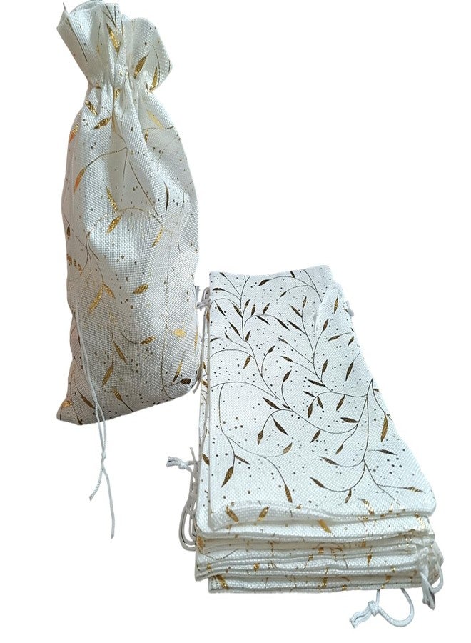 Just Flowers 11Inch X 8Inch Jute Potli Bags Large Size, Jute Bags for Shagun Gifts, Return Gifts, Dry Fruits, Wedding Women Gift Packing (White With Gold Print Pouches, Pack of 10) - Image 1