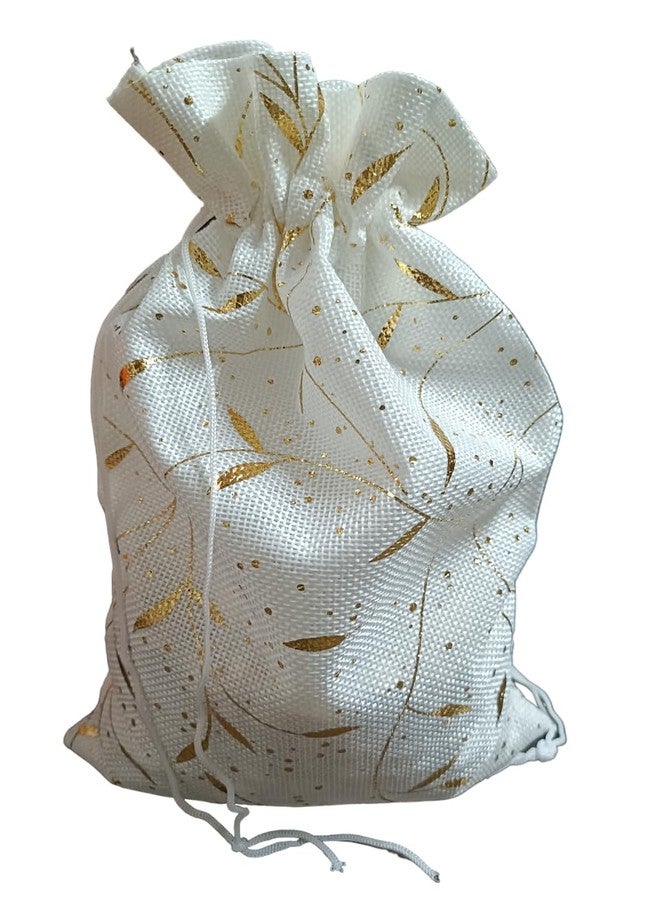 Just Flowers 11Inch X 8Inch Jute Potli Bags Large Size, Jute Bags for Shagun Gifts, Return Gifts, Dry Fruits, Wedding Women Gift Packing (White With Gold Print Pouches, Pack of 10) - Image 3
