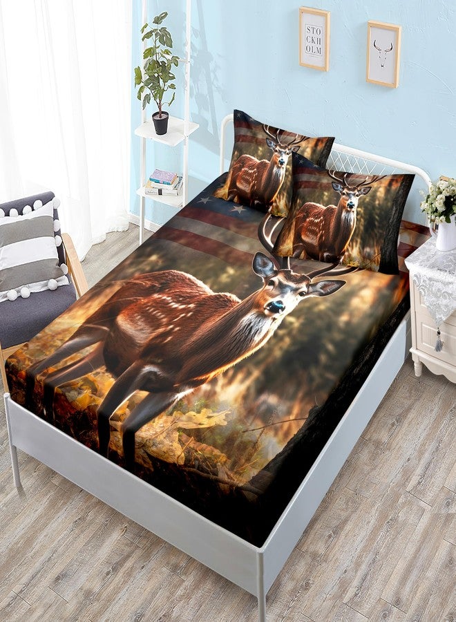 HOSIMA American Flag Deer Twin Bedding Sets,Deer Standing in The Woods Print Fitted Sheet for Teens Boys Girls Bedroom Decor,Lightweight Animal Bedding Twin Size,1 Fitted Sheet and 2 Pillowcases. - Image 1