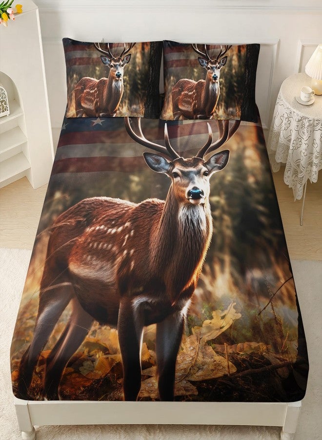HOSIMA American Flag Deer Twin Bedding Sets,Deer Standing in The Woods Print Fitted Sheet for Teens Boys Girls Bedroom Decor,Lightweight Animal Bedding Twin Size,1 Fitted Sheet and 2 Pillowcases. - Image 2