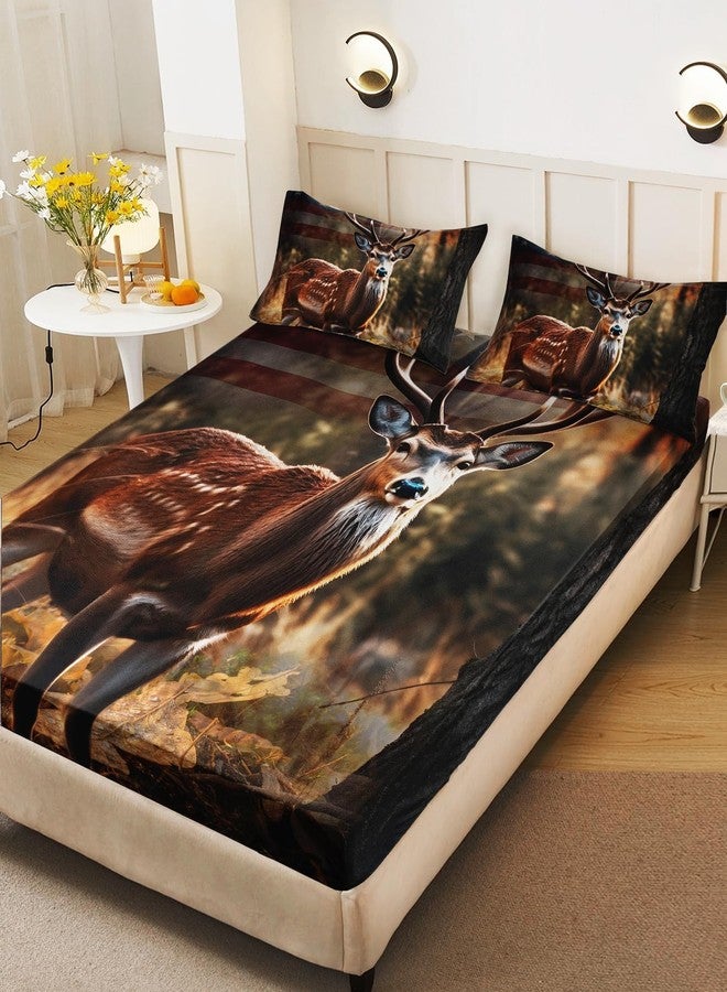 HOSIMA American Flag Deer Twin Bedding Sets,Deer Standing in The Woods Print Fitted Sheet for Teens Boys Girls Bedroom Decor,Lightweight Animal Bedding Twin Size,1 Fitted Sheet and 2 Pillowcases. - Image 4