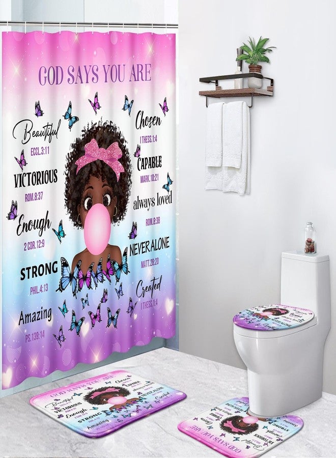 Bribay 4 Piece Shower Curtain Set, Inspirational Thoughts Waterproof Bathroom Set Accessories with Non-Slip Rugs, Toilet Lid Cover Bath Mat and 12 Hooks, Cute African Black Girl Home Decor 72" x 72" - Image 1