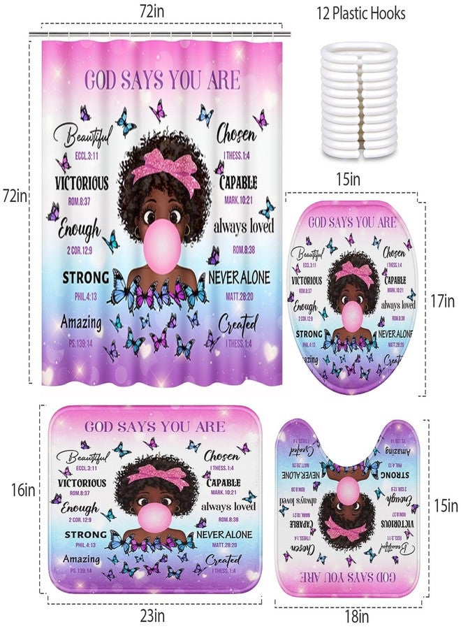 Bribay 4 Piece Shower Curtain Set, Inspirational Thoughts Waterproof Bathroom Set Accessories with Non-Slip Rugs, Toilet Lid Cover Bath Mat and 12 Hooks, Cute African Black Girl Home Decor 72" x 72" - Image 2
