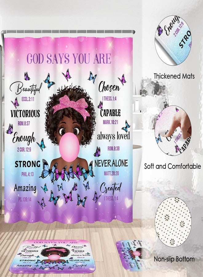 Bribay 4 Piece Shower Curtain Set, Inspirational Thoughts Waterproof Bathroom Set Accessories with Non-Slip Rugs, Toilet Lid Cover Bath Mat and 12 Hooks, Cute African Black Girl Home Decor 72" x 72" - Image 5