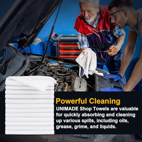 UNIMADE Shop Towels, 100 Pack Commercial Grade Work Rags Microfiber Towels for Cars Cleaning Rags Bulk Detailing Cloth for Automotive Bar Mechanic Restaurant Garage Housekeeping, 11.5"x 11.5", White - Image 3
