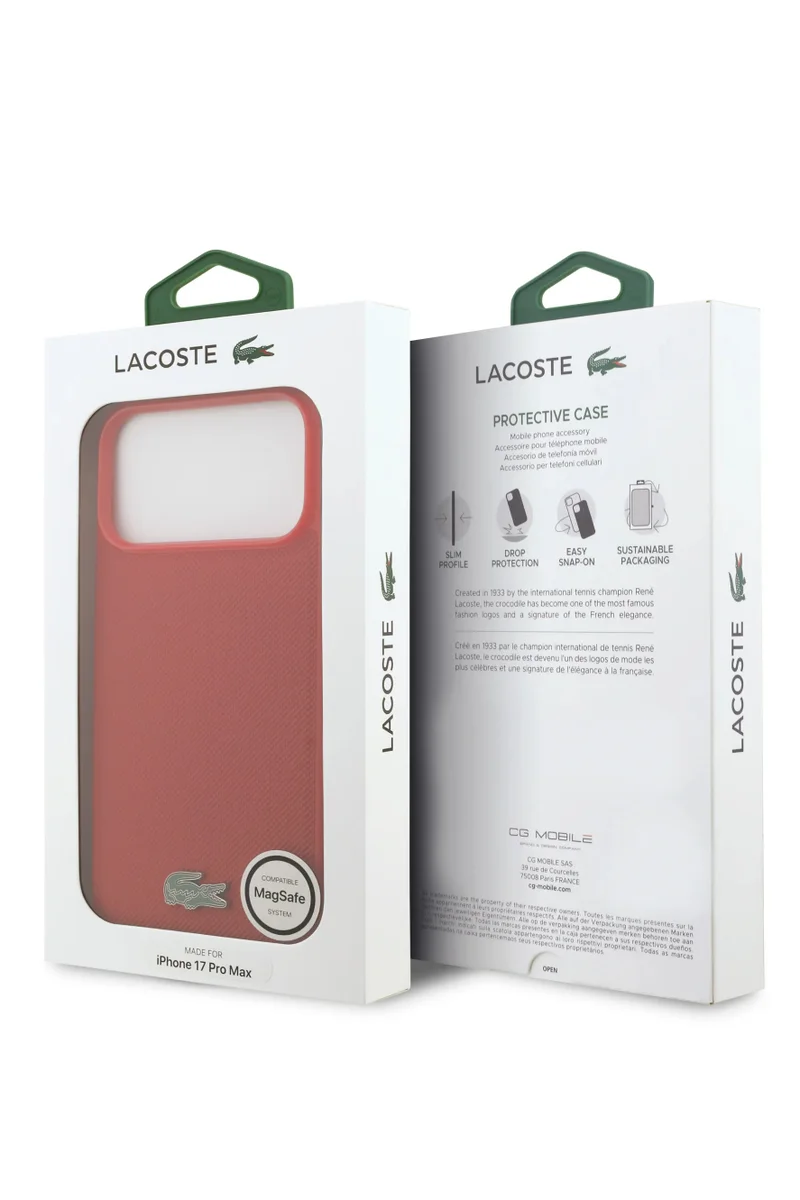LACOSTE iPhone 17 Pro Max MagSafe Case PU Leather Hard With Iconic Petit Pique Logo /  Slim profile / MagSafe / Drop Protection / Easy Snap On / Back Cover - Red