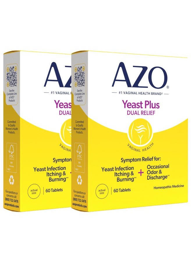 AZO دواء هوميوباتيكي ييست بلس للإغاثة المزدوجة | تخفيف أعراض عدوى الخميرة: الحكة والحرقة | تخفيف الأعراض المهبلية: رائحة وإفرازات عرضية | العلامة التجارية الأكثر موثوقية | عبوة 2 (60 حبة × 2) - Image 1