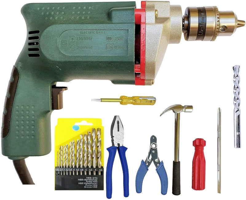 Inditrust With 6 MONTHS WARRANTY New 10mm Electric Drill Machine with 13pc hss Plier Wire Cutter Tester Screwdriver Hammer Masonry bit Set Pistol Grip Drill - Image 1