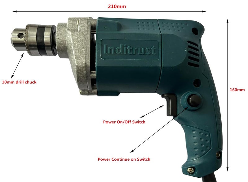 Inditrust With 6 MONTHS WARRANTY New 10mm Electric Drill Machine with 13pc hss Plier Wire Cutter Tester Screwdriver Hammer Masonry bit Set Pistol Grip Drill - Image 3