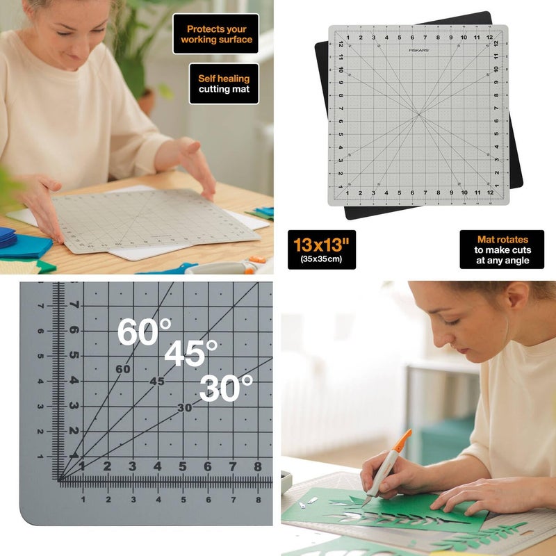 Fiskars rotary cutting mat, Self-healing cutting mat, Rotates 360°, Bevel lines for 30°, 45° and 60°, 13" x 13" (33 x 33 cm), Grey, 1065610 - Image 2