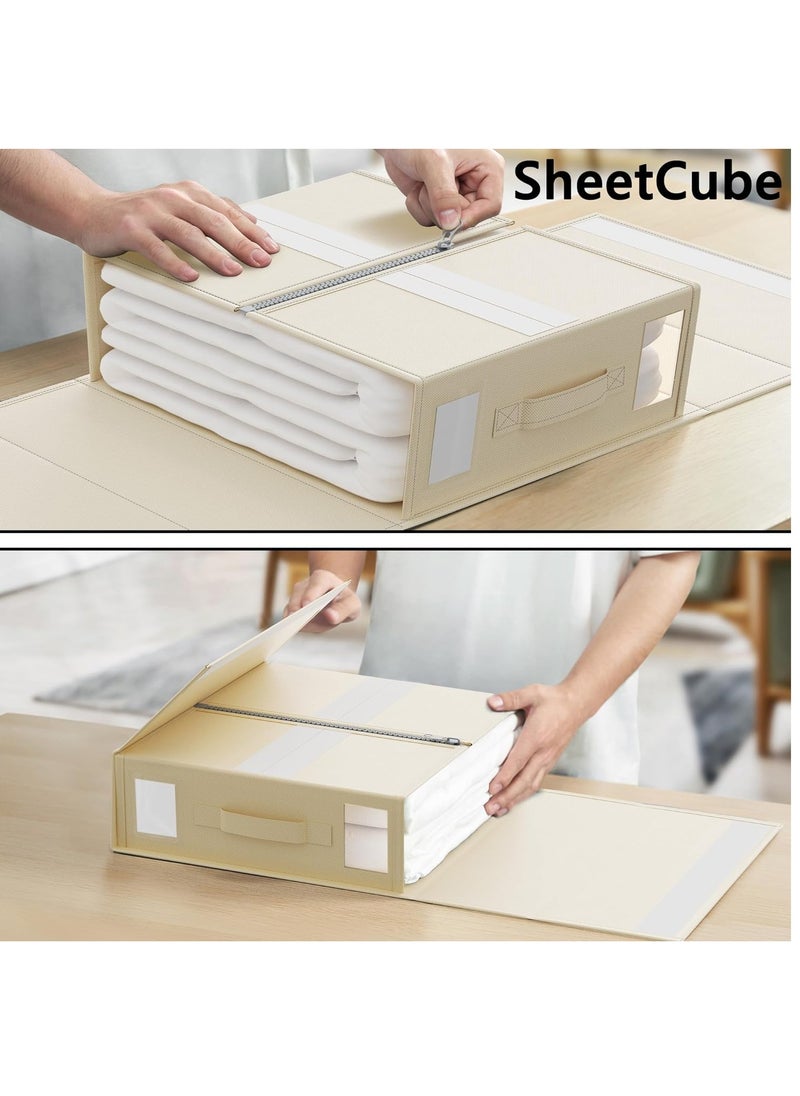 XiuWoo - 2 Pack Large Capacity Bed Sheet Organizers Storage, Foldable Sheet Organizer, Linen Drawer Closet Organizer, Sheet Folder Organizer, Cloth Organizer with Reinforced Handle and Window - Image 1