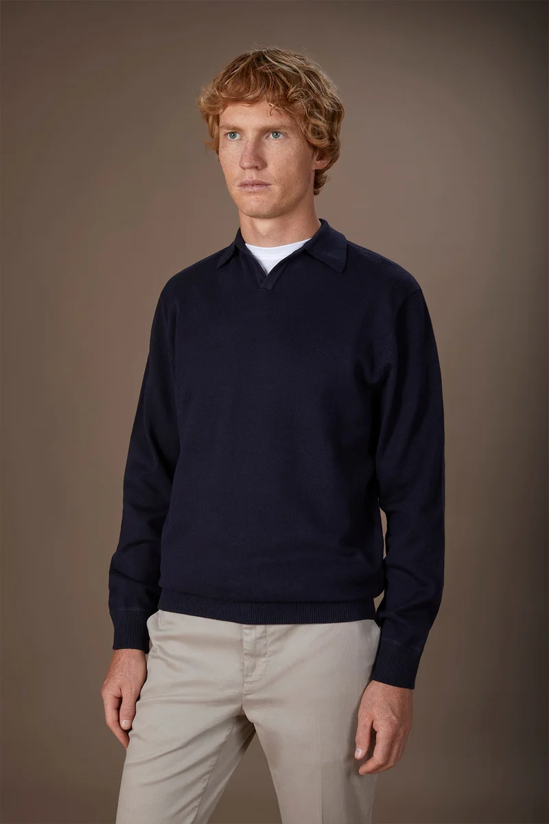 Men's long-sleeved polo shirt in 100% cotton - Blue Navy