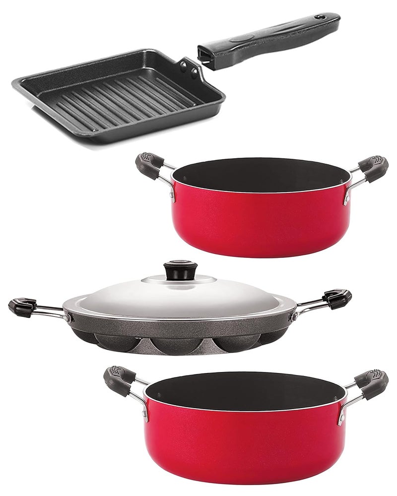Nirlon Non-Stick Aluminium Kitchenware Cook Set Casserole/Appam with Steel Lid/Grill Pan/Casserole - Set of 4 - Image 1