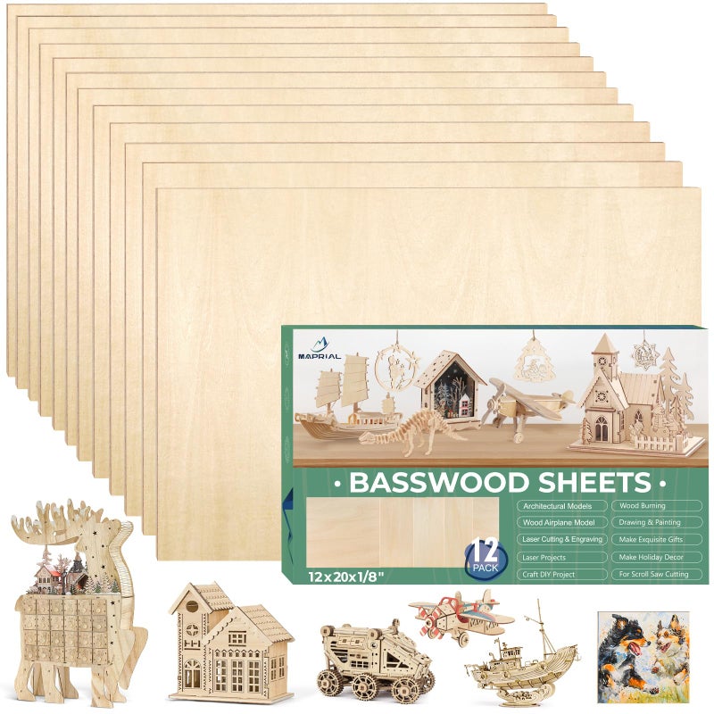 12 PCS 12x20x18 Inch Basswood Sheets MAPRIAL Smooth 3mm Plywood for Laser Cutting Unfinished Wood Board for Engraving Wood Burning Painting Crafts Ornaments Models Cutter Engraver Gifts