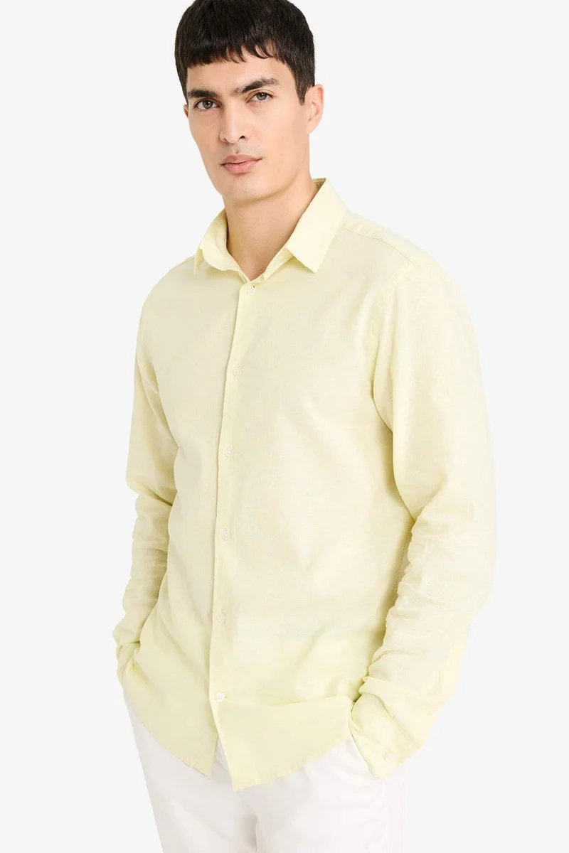 DeFacto Regular Fit Polo Neck Linen Blend Summer Shirt