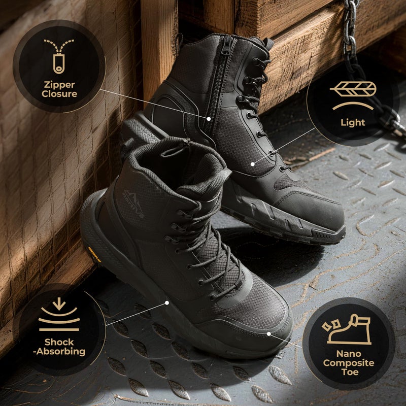 NORTIV 8 Men's Composite Toe Work Boots â€“ 8'' Lightweight ASTM F2412-24 & ASTM F2913-24 Safety Boots with Side Zipper for Construction & Warehouse, Metrostrike-Nano,Size 7,Black,NMUMIB2412 - Image 4