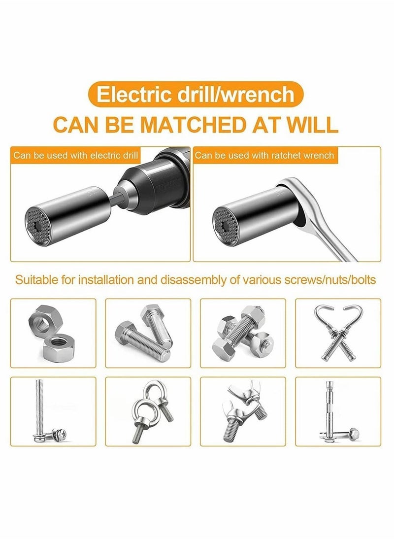 Y&D - Universal Socket Socket Wrench with Electric Drill Adapter Silver Self-Adjusting Set Convenient and Durable DIY Tools for Men Him Husband Dad Father 1Pcs, 7 - 19 MM - Image 1