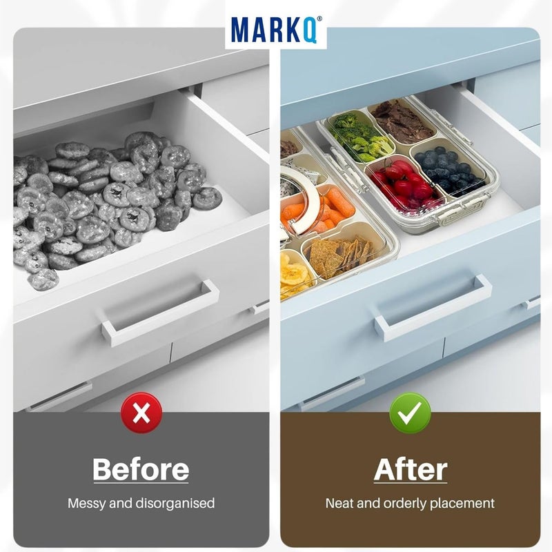 MARKQ صندوق سناك الثلاجة مع غطاء - حاوية تخزين طعام مقسمة بـ 4 أقسام للفواكه، السلطة، الوجبات الخفيفة، الحلوى واللحوم الباردة - منظم مطبخ قابل للتكديس للسفر والنزهات (أبيض) - Image 5