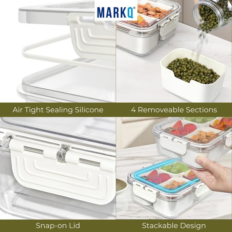 MARKQ صندوق سناك الثلاجة مع غطاء - حاوية تخزين طعام مقسمة بـ 4 أقسام للفواكه، السلطة، الوجبات الخفيفة، الحلوى واللحوم الباردة - منظم مطبخ قابل للتكديس للسفر والنزهات (أبيض) - Image 2