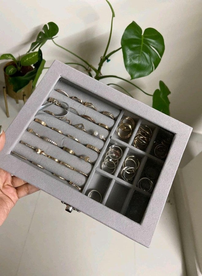 RADHEHUL Velvet Clear Lid Jewelry Organizer，Ring Earring Bracelets Jewelry Storage Case，Lockable Jewelry Boxx for Girls Women (Grey) (pack of 01) - Image 2
