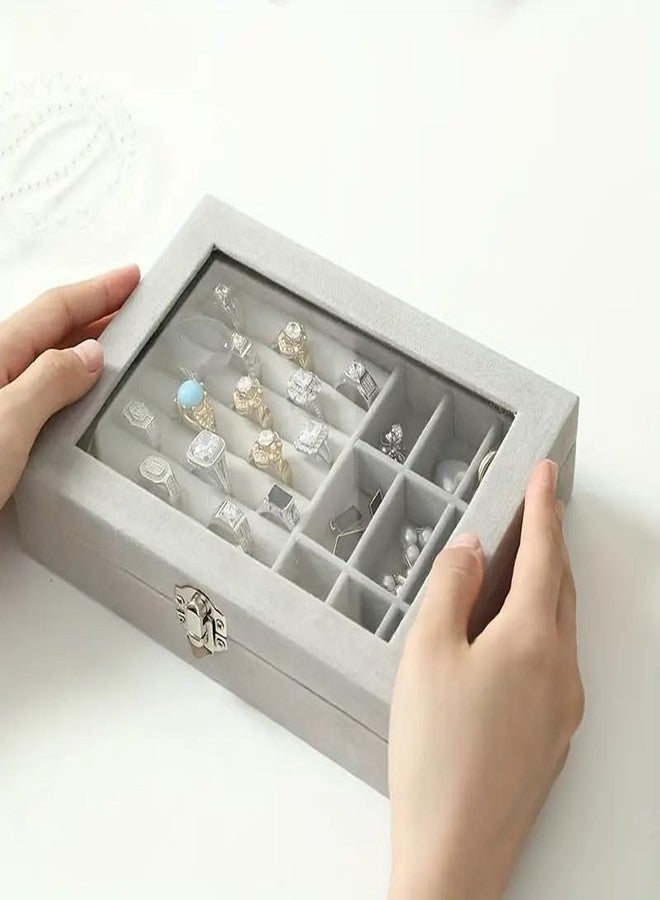 RADHEHUL Velvet Clear Lid Jewelry Organizer，Ring Earring Bracelets Jewelry Storage Case，Lockable Jewelry Boxx for Girls Women (Grey) (pack of 01) - Image 3